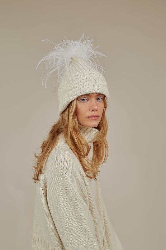 CLOVER FEATHER DECO CASHMERE BEANIE